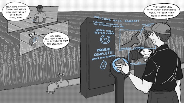 Illustration of farmer utilizing advanced technology for his farm